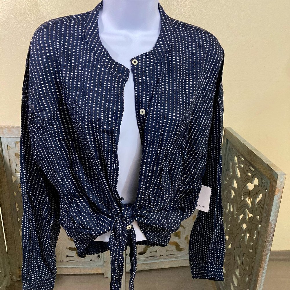 Navy Button-Down Front Tie Blouse